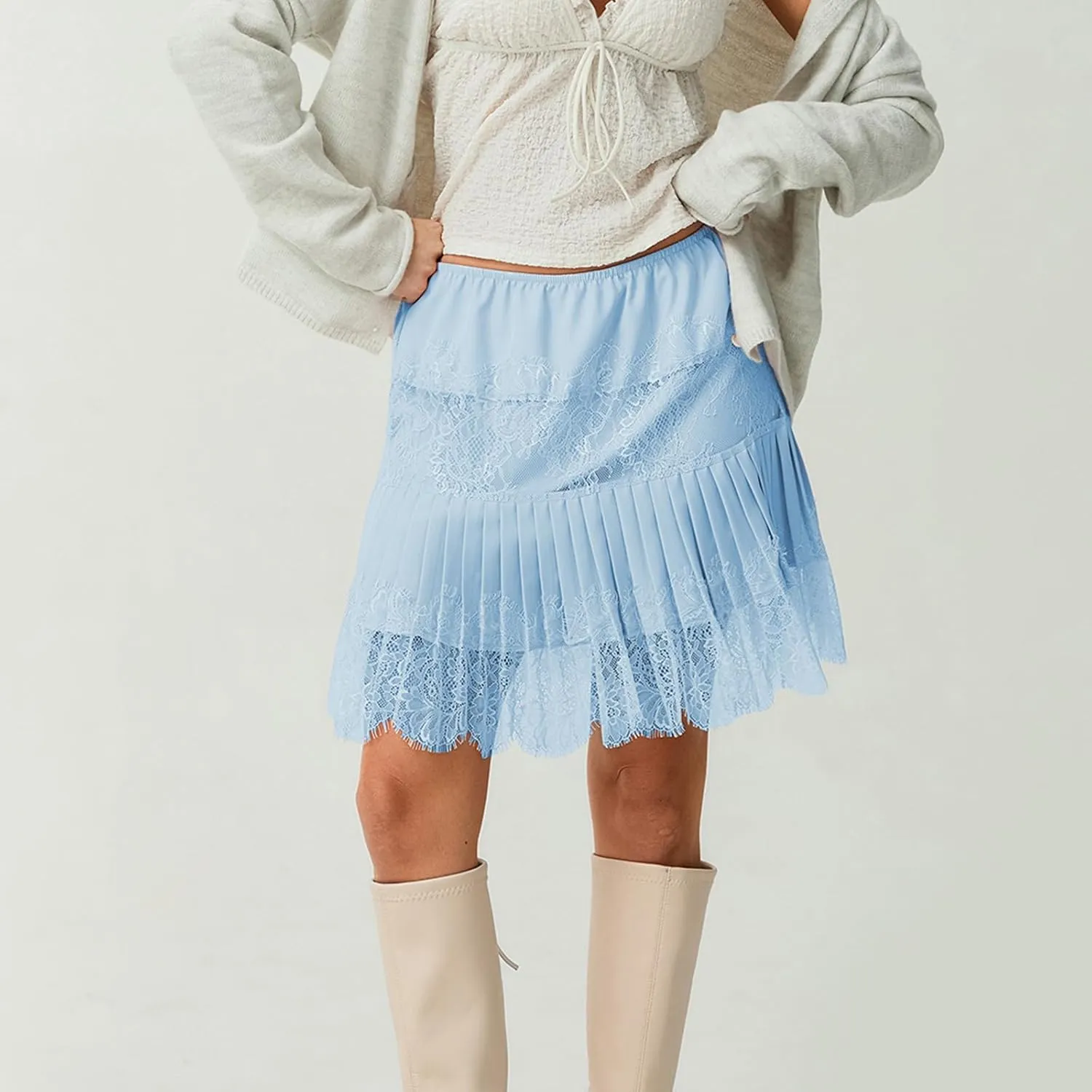Muineobuka Lace Slip Skirts for Women Y2K Low Waist Lace Pleated Ruffle Hem Short Skirts Layered Flowy Underskirt Streetwear