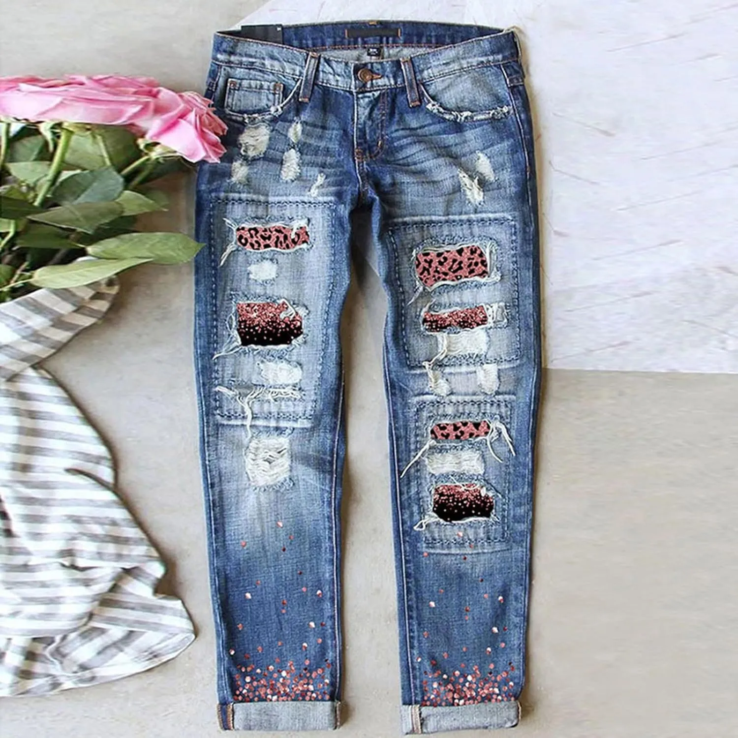 Muyise Women High Waist Skinny Stretch Ripped Jeans Sunflower Patch Destroyed Straight Leg Boyfriend Denim Pants with Pockets