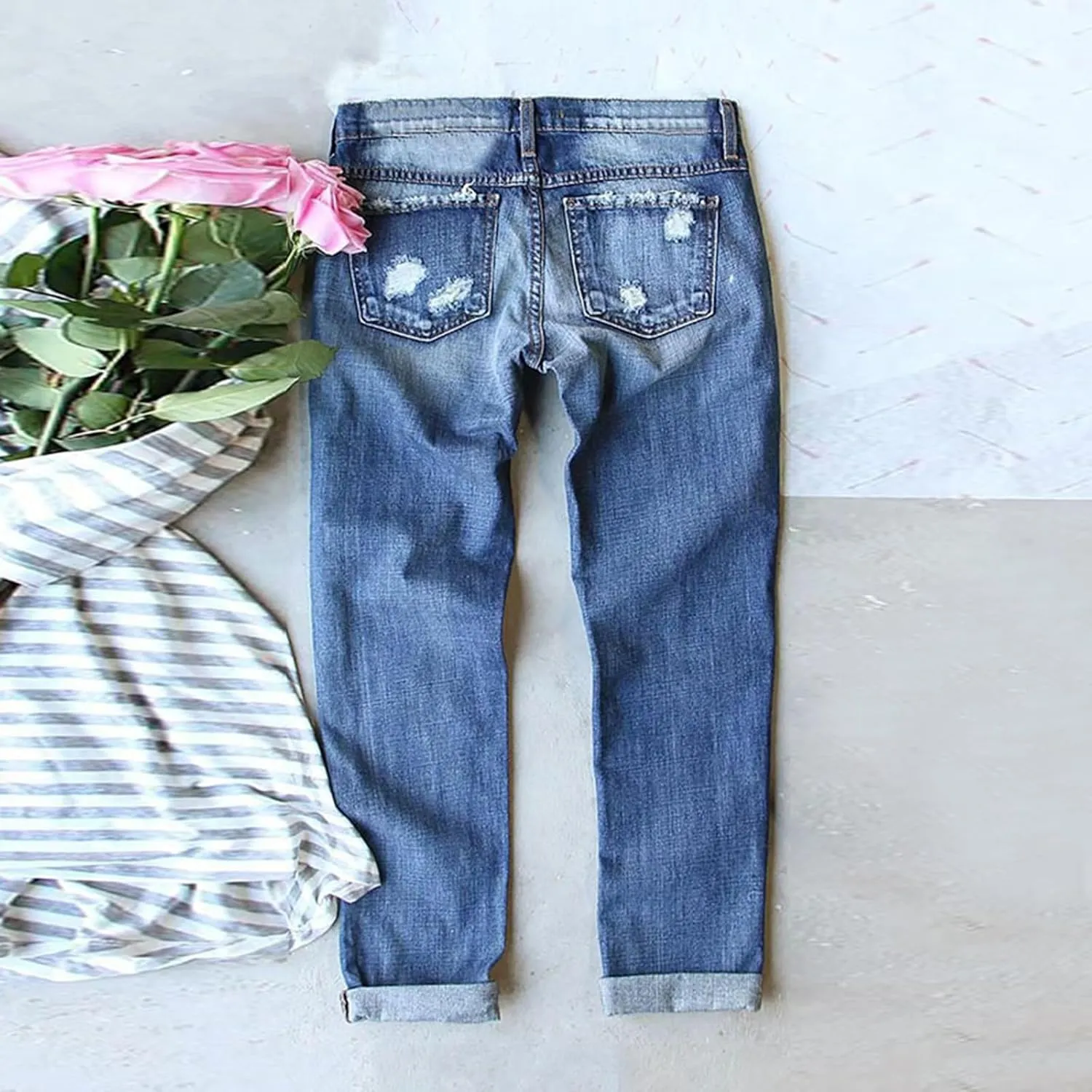 Muyise Women High Waist Skinny Stretch Ripped Jeans Sunflower Patch Destroyed Straight Leg Boyfriend Denim Pants with Pockets