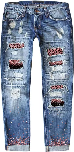 Muyise Women High Waist Skinny Stretch Ripped Jeans Sunflower Patch Destroyed Straight Leg Boyfriend Denim Pants with Pockets
