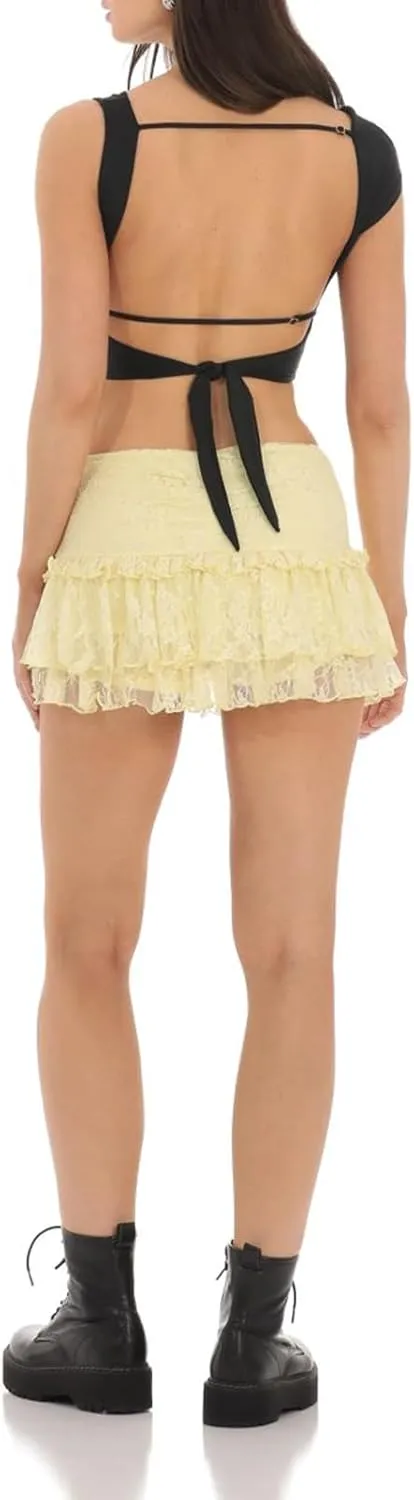 Mxiqqpltky Lace Skirts for Women Y2k Elastic Low Rise Layered Pleated Mini Skirt Summer Flowy Ruffle Short Skirt Streetwear