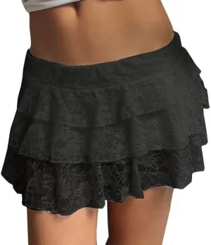 Mxiqqpltky Lace Skirts for Women Y2k Elastic Low Rise Layered Pleated Mini Skirt Summer Flowy Ruffle Short Skirt Streetwear