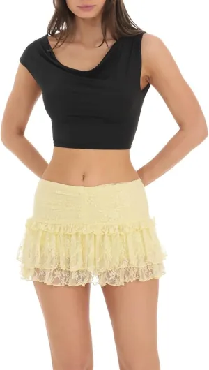 Mxiqqpltky Lace Skirts for Women Y2k Elastic Low Rise Layered Pleated Mini Skirt Summer Flowy Ruffle Short Skirt Streetwear