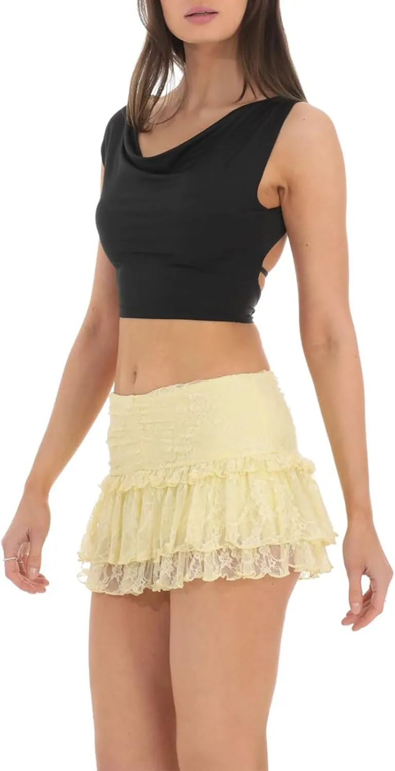 Mxiqqpltky Lace Skirts for Women Y2k Elastic Low Rise Layered Pleated Mini Skirt Summer Flowy Ruffle Short Skirt Streetwear