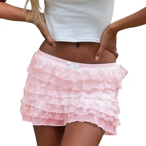 Mxiqqpltky Lace Skirts for Women Y2k Elastic Low Rise Layered Pleated Mini Skirt Summer Flowy Ruffle Short Skirt Streetwear