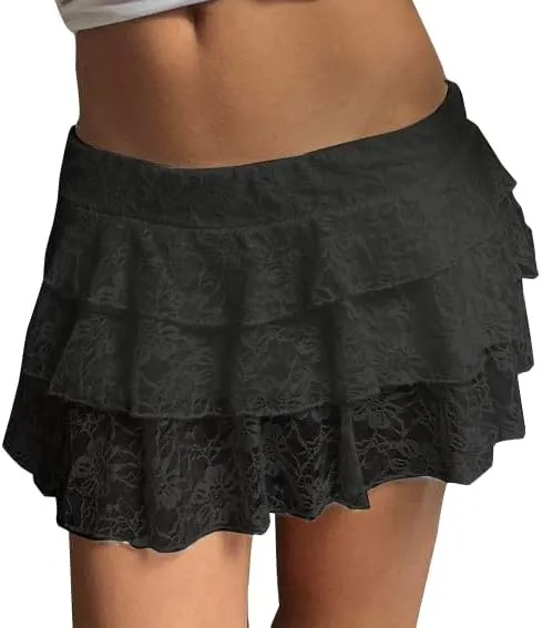 Mxiqqpltky Lace Skirts for Women Y2k Elastic Low Rise Layered Pleated Mini Skirt Summer Flowy Ruffle Short Skirt Streetwear