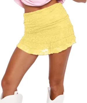 Mxiqqpltky Lace Skirts for Women Y2k Low Waist Flowy Skirts Layered Pleated Ruffle Mini Skirt Streetwear