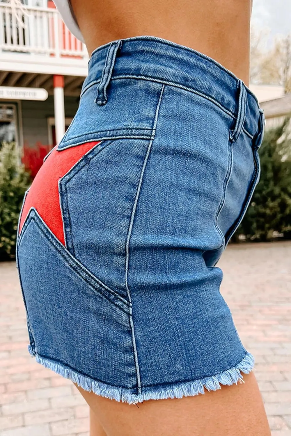 Mxiqqpltky Star Patchwork Denim Shorts Women Mid Waist Bodycon Raw Hem Grunge Harajuku Stretchy Jean Shorts Y2k Streetwear