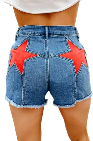 Mxiqqpltky Star Patchwork Denim Shorts Women Mid Waist Bodycon Raw Hem Grunge Harajuku Stretchy Jean Shorts Y2k Streetwear