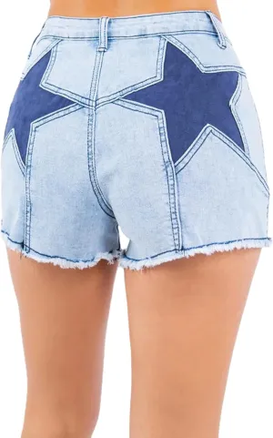 Mxiqqpltky Star Patchwork Denim Shorts Women Mid Waist Bodycon Raw Hem Grunge Harajuku Stretchy Jean Shorts Y2k Streetwear