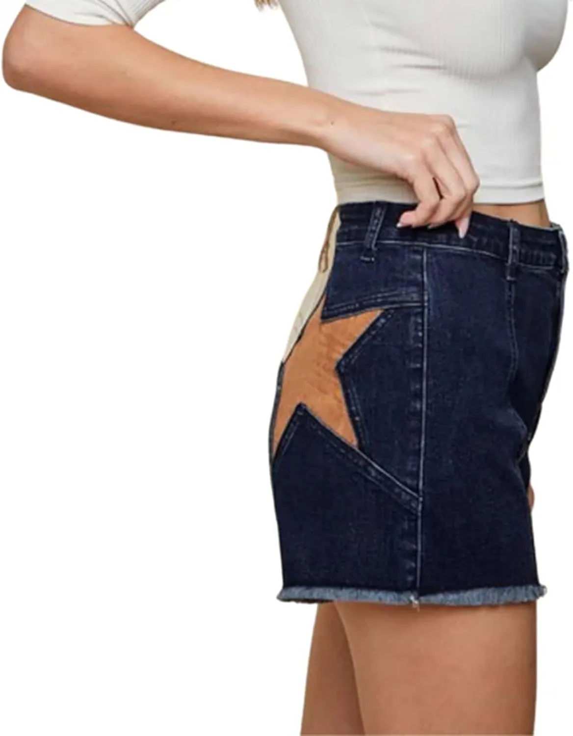 Mxiqqpltky Star Patchwork Denim Shorts Women Mid Waist Bodycon Raw Hem Grunge Harajuku Stretchy Jean Shorts Y2k Streetwear