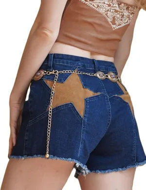 Mxiqqpltky Star Patchwork Denim Shorts Women Mid Waist Bodycon Raw Hem Grunge Harajuku Stretchy Jean Shorts Y2k Streetwear