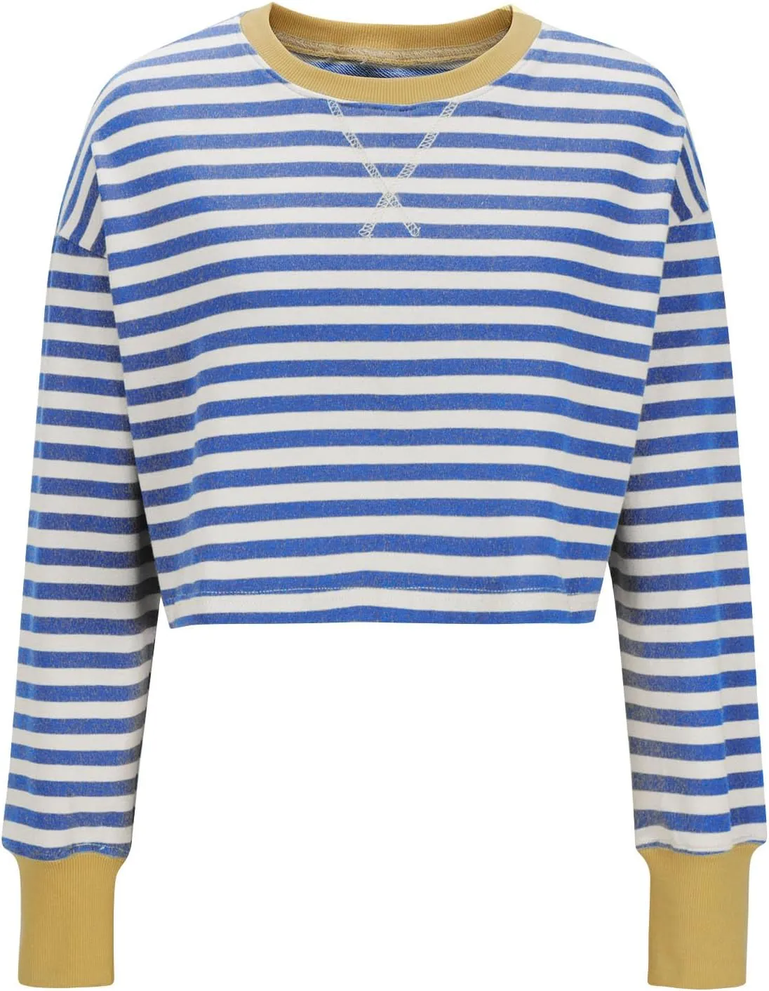 Oversized Sweatshirt for Women Cropped Crewneck Striped Colour Block Pullover Tops Long Sleeve Fleece Top Blouses