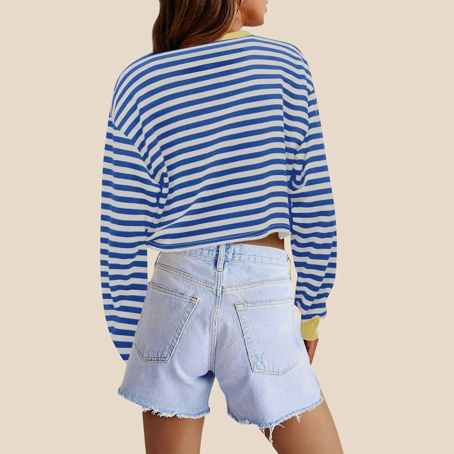 Oversized Sweatshirt for Women Cropped Crewneck Striped Colour Block Pullover Tops Long Sleeve Fleece Top Blouses