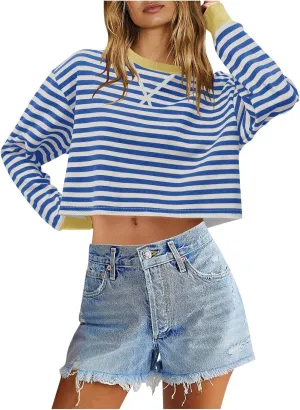 Oversized Sweatshirt for Women Cropped Crewneck Striped Colour Block Pullover Tops Long Sleeve Fleece Top Blouses
