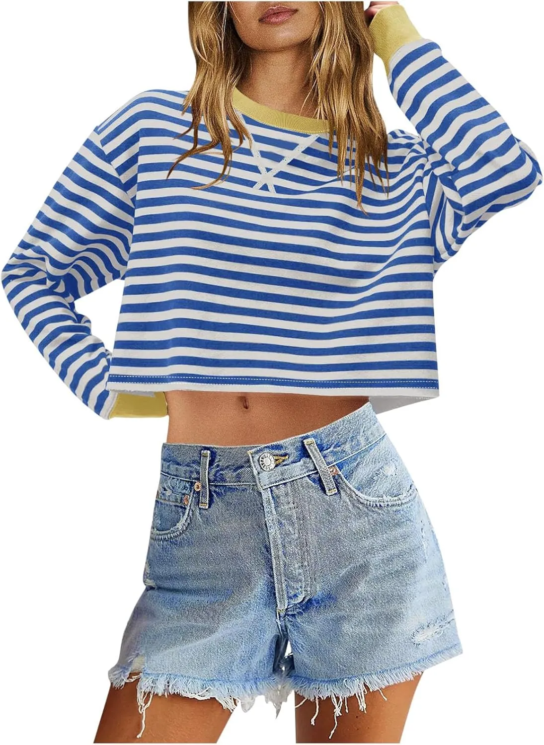 Oversized Sweatshirt for Women Cropped Crewneck Striped Colour Block Pullover Tops Long Sleeve Fleece Top Blouses