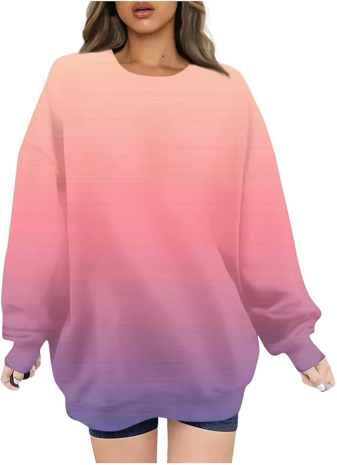Oversized Sweatshirt for Women Gradient Color Tie-Dye Print Casual Crewneck Sweater Tops Loose Fit Long Sleeve Clothes