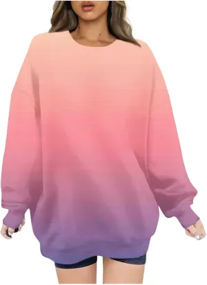 Oversized Sweatshirt for Women Gradient Color Tie-Dye Print Casual Crewneck Sweater Tops Loose Fit Long Sleeve Clothes