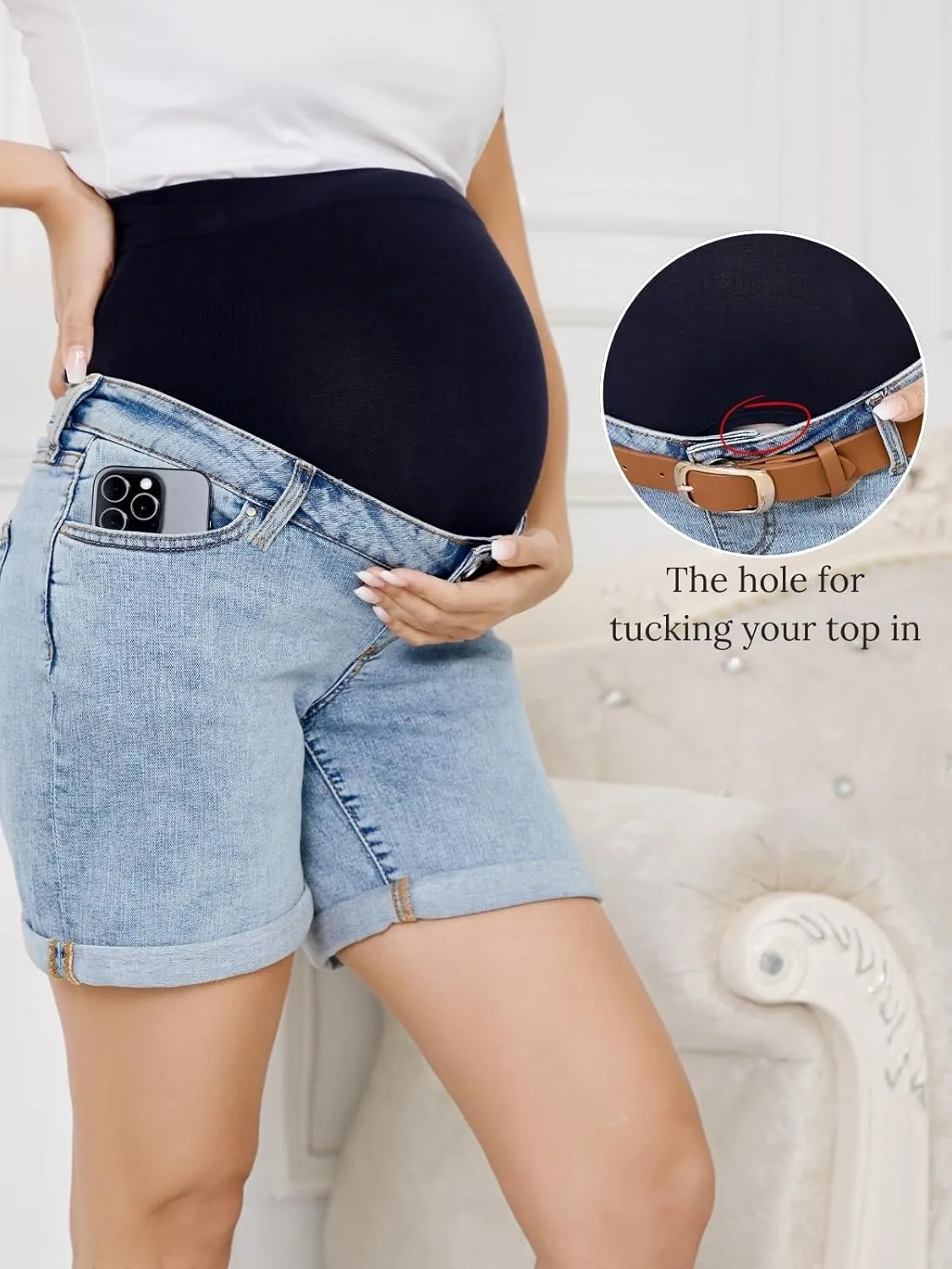 OVRUNS Women Maternity Jean Shorts Over The Belly Stretchy Comfy Rolled Cuff Pregnancy Denim Shorts with Pockets
