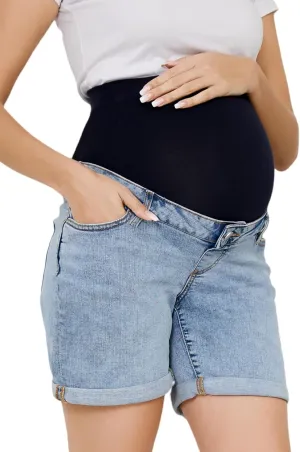 OVRUNS Women Maternity Jean Shorts Over The Belly Stretchy Comfy Rolled Cuff Pregnancy Denim Shorts with Pockets