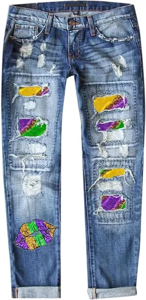 Plaid Patchwork Boyfriend Distressed Jeans for Women High Waisted Ripped Hole Stretch Skinny Denim Pant with Pockets