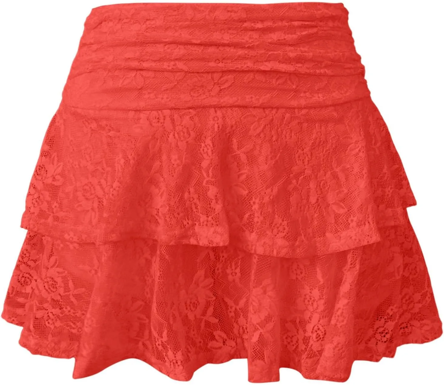 Pleated Mini Skirt for Women Summer Vacation Double Lace Ruffles Mid Elastic Waist Boha Beach Lace Sheer Mini Skirt