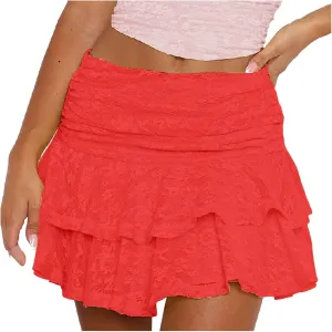 Pleated Mini Skirt for Women Summer Vacation Double Lace Ruffles Mid Elastic Waist Boha Beach Lace Sheer Mini Skirt
