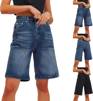 Plus Size Jean Shorts Womens High Waisted Classic Casual Long Jean Shorts Stretchy Denim Jorts with Pockets
