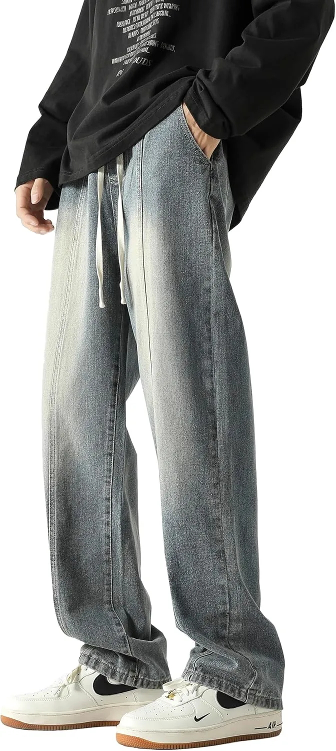 PRIJOUHE Mens Relaxed Fit Jeans Elastic Waist Baggy Denim Cargo Pants Drawstring Trousers