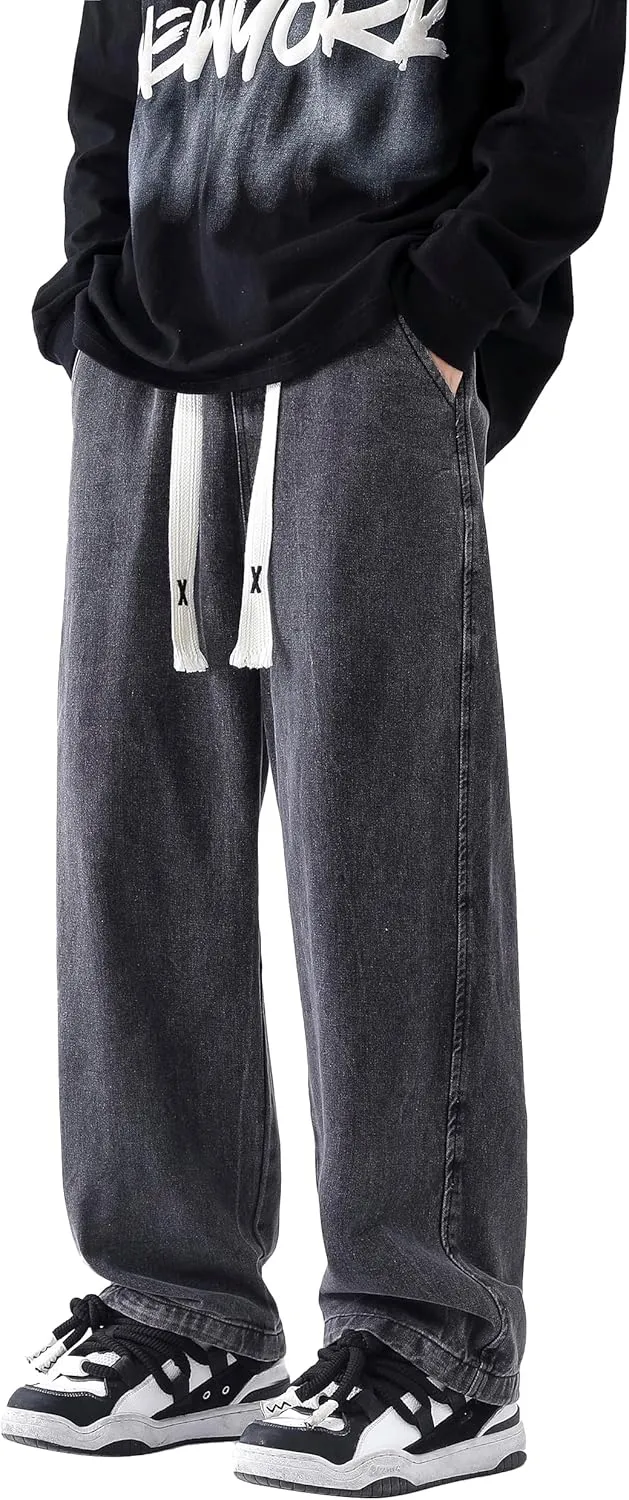 PRIJOUHE Mens Relaxed Fit Jeans Elastic Waist Baggy Denim Cargo Pants Drawstring Trousers