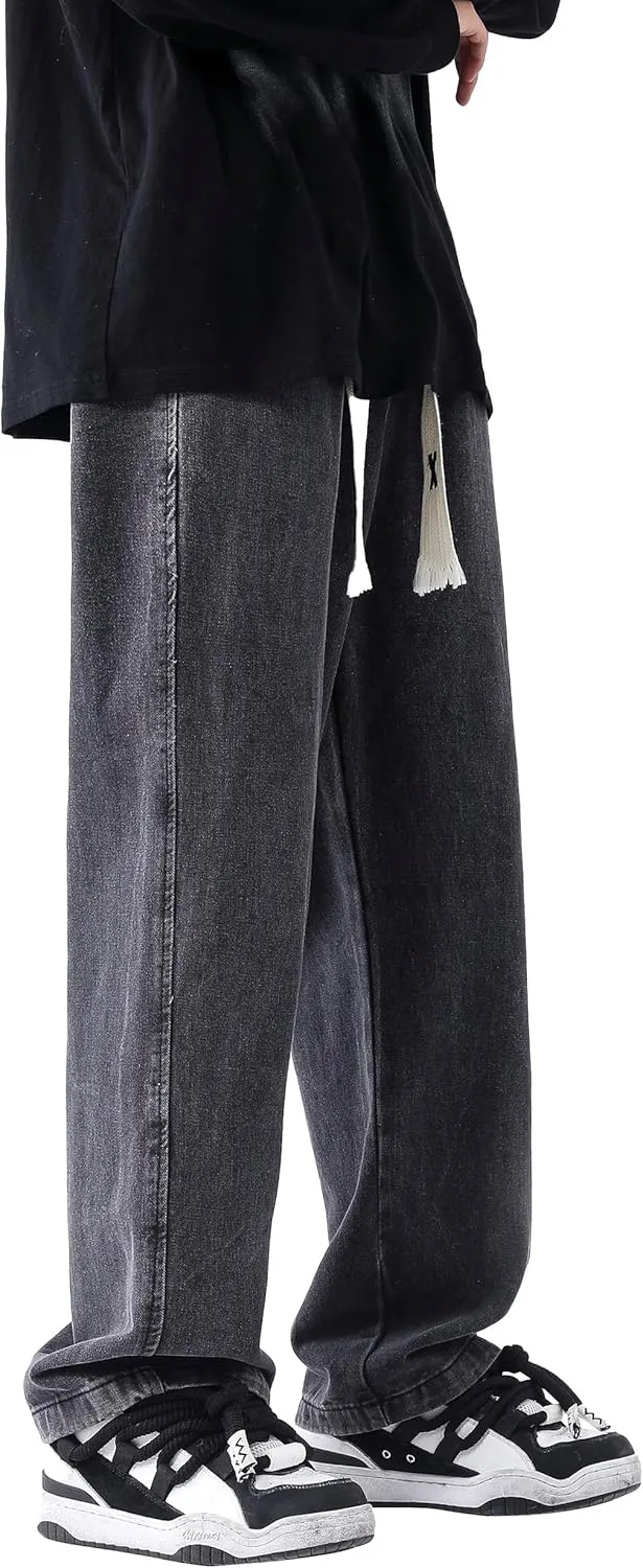 PRIJOUHE Mens Relaxed Fit Jeans Elastic Waist Baggy Denim Cargo Pants Drawstring Trousers