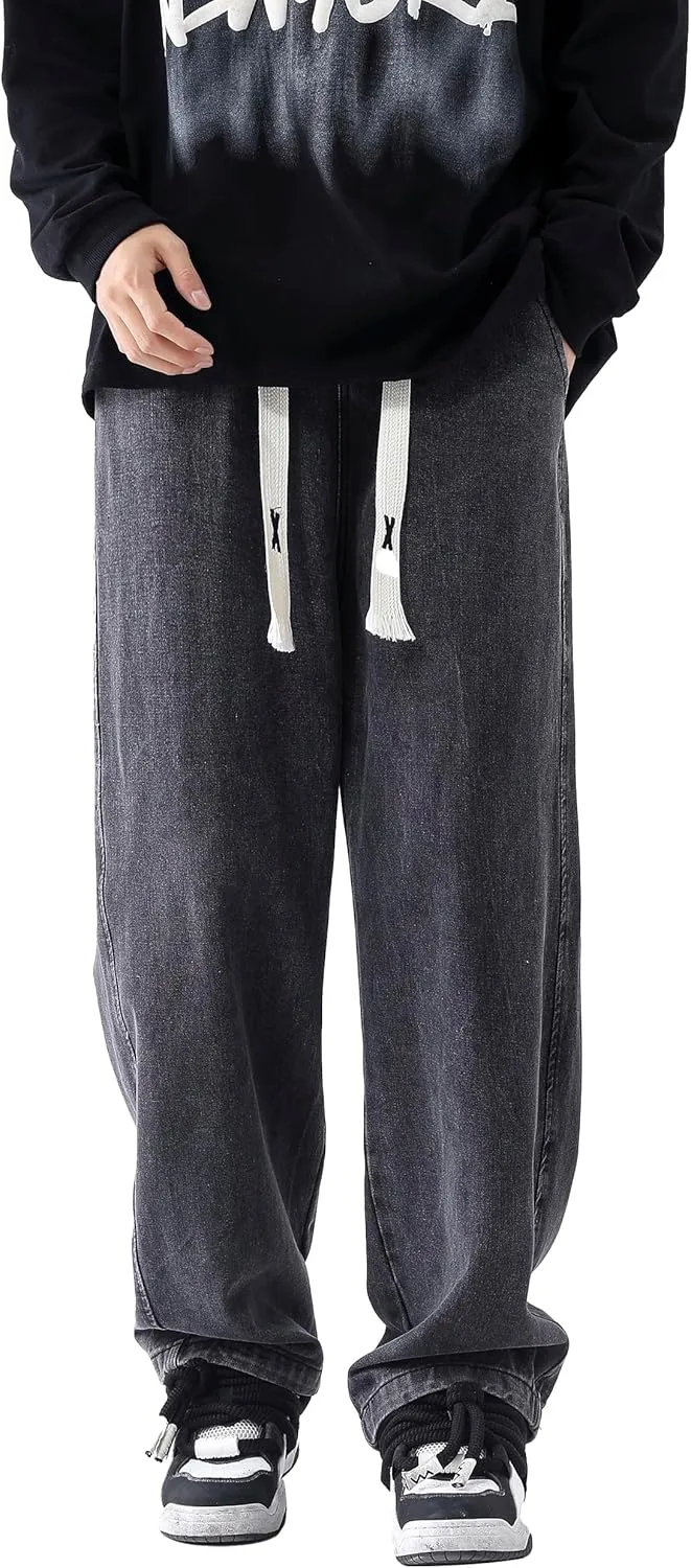 PRIJOUHE Mens Relaxed Fit Jeans Elastic Waist Baggy Denim Cargo Pants Drawstring Trousers