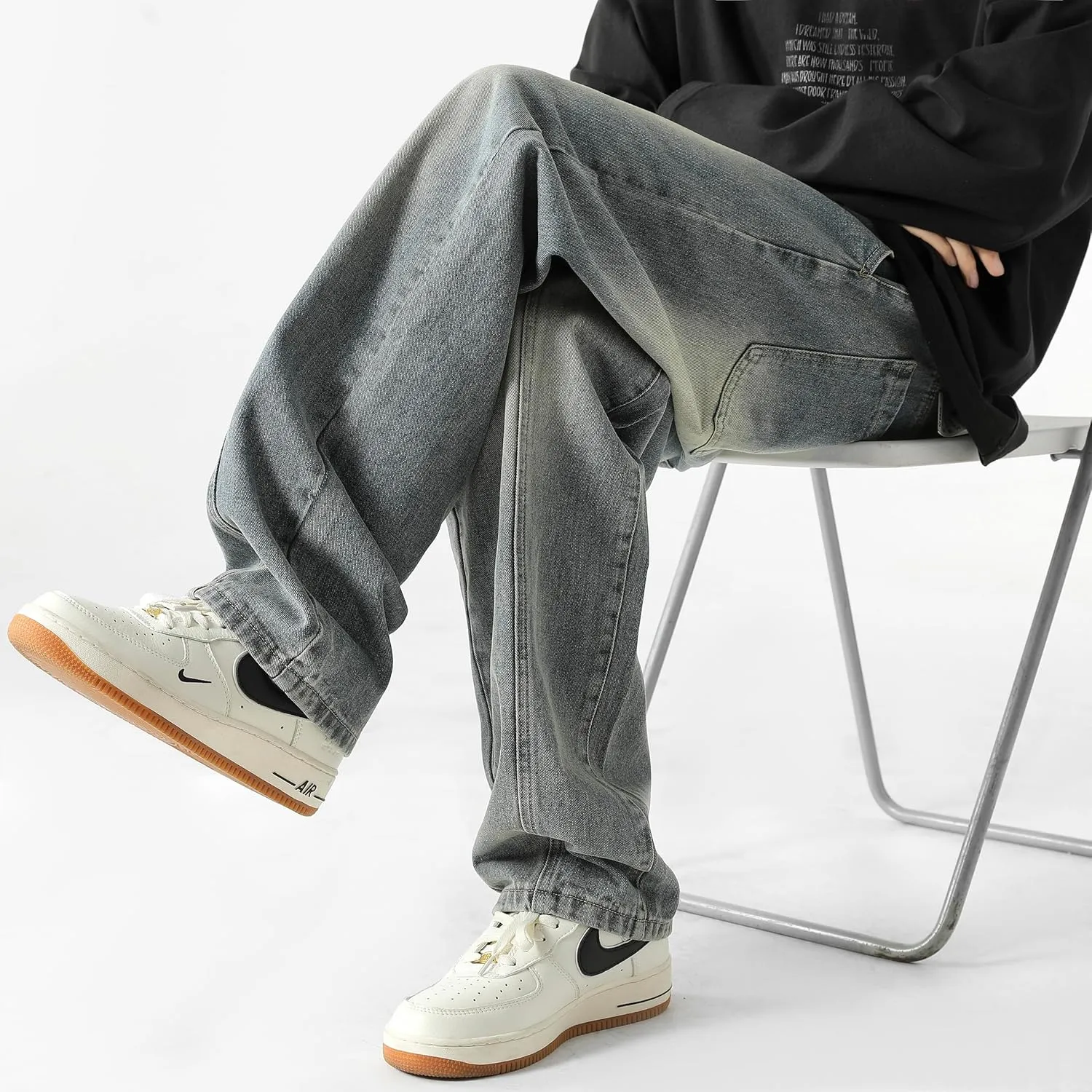 PRIJOUHE Mens Relaxed Fit Jeans Elastic Waist Baggy Denim Cargo Pants Drawstring Trousers