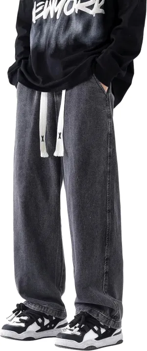PRIJOUHE Mens Relaxed Fit Jeans Elastic Waist Baggy Denim Cargo Pants Drawstring Trousers