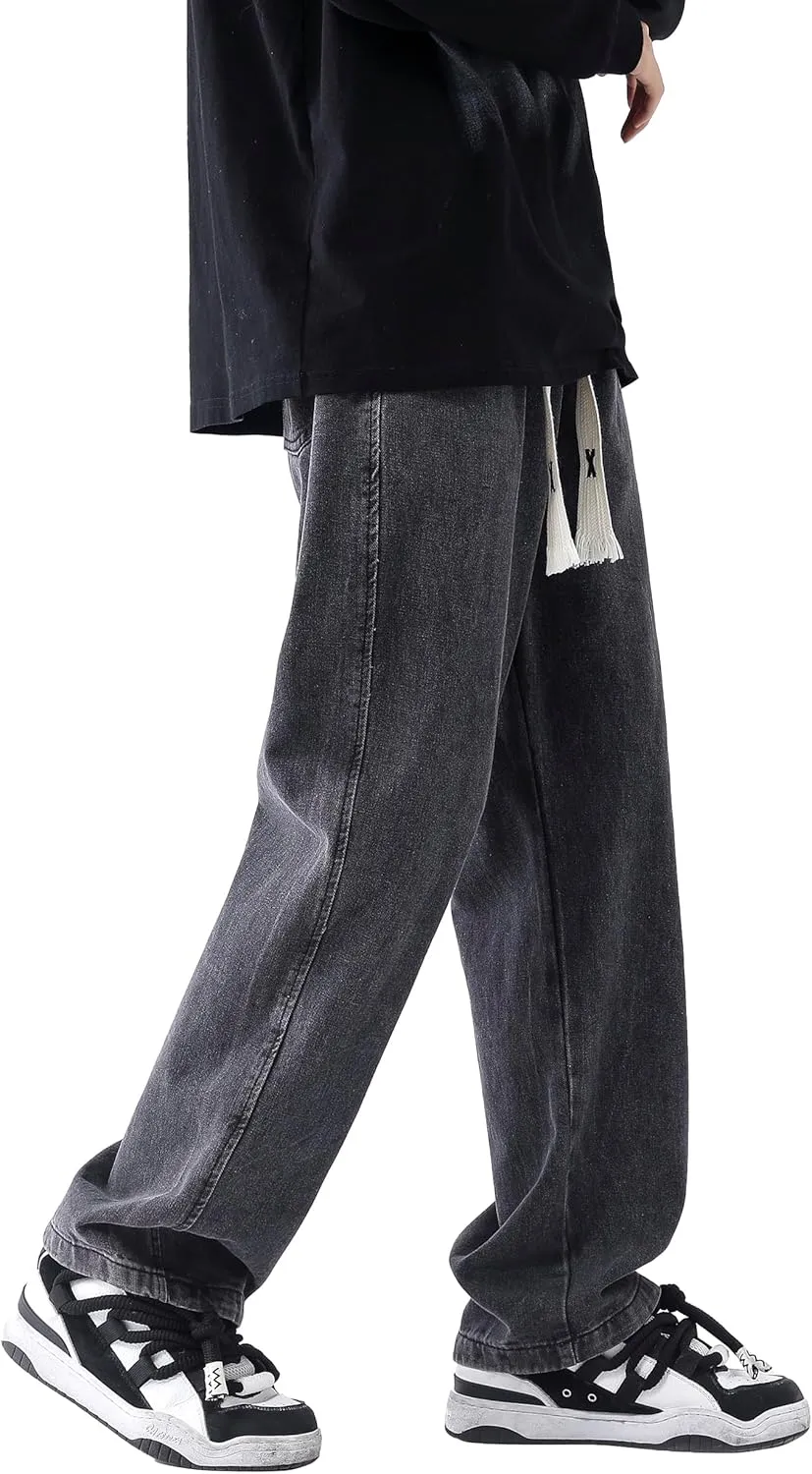 PRIJOUHE Mens Relaxed Fit Jeans Elastic Waist Baggy Denim Cargo Pants Drawstring Trousers
