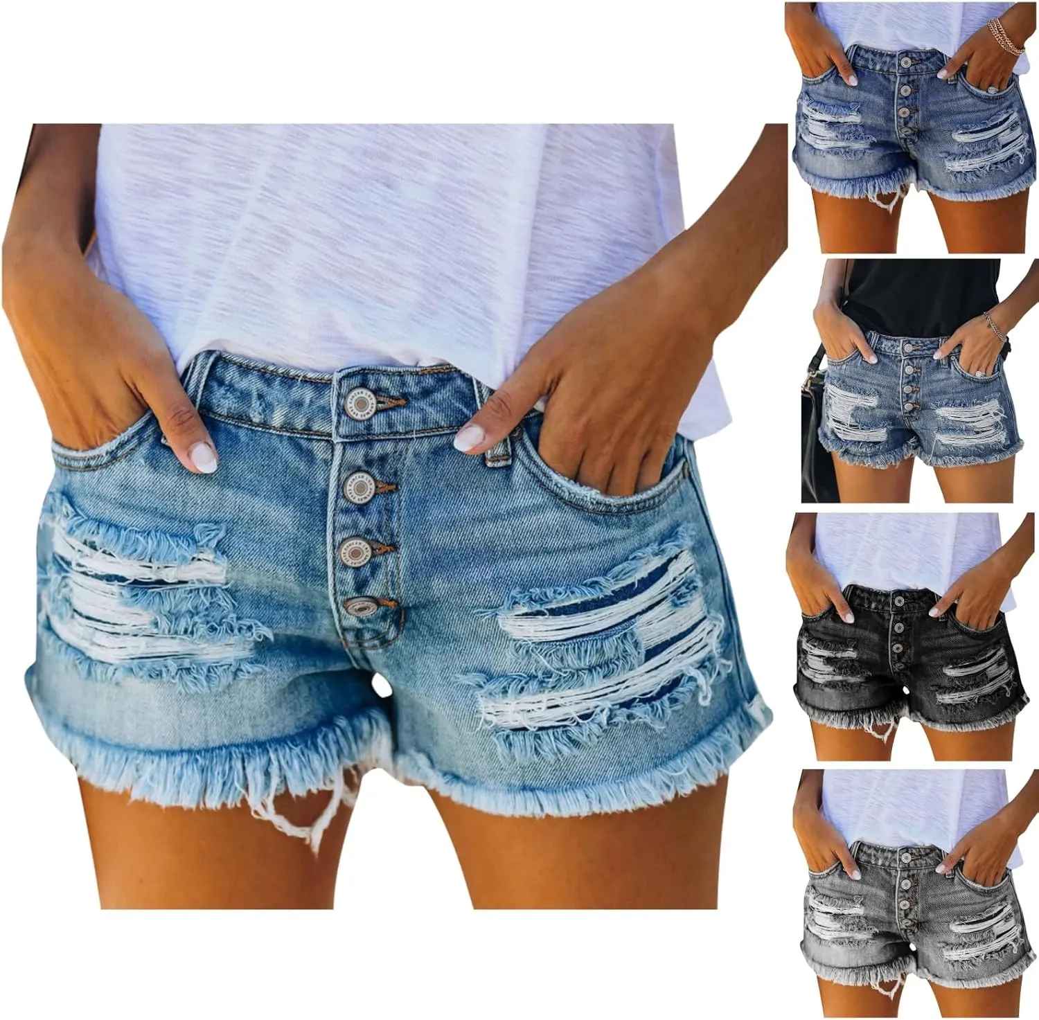 Ripped Jean Shorts Women High Waisted Stretchy Denim Shorts Frayed Raw Hem Distressed Cut Off Short Pants