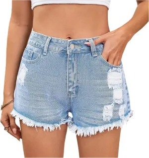 Ripped Jean Shorts Womens Y2k Frayed Hem High Waisted Denim Booty Shorts Casual Streetwear Cut Off Short with Pockets