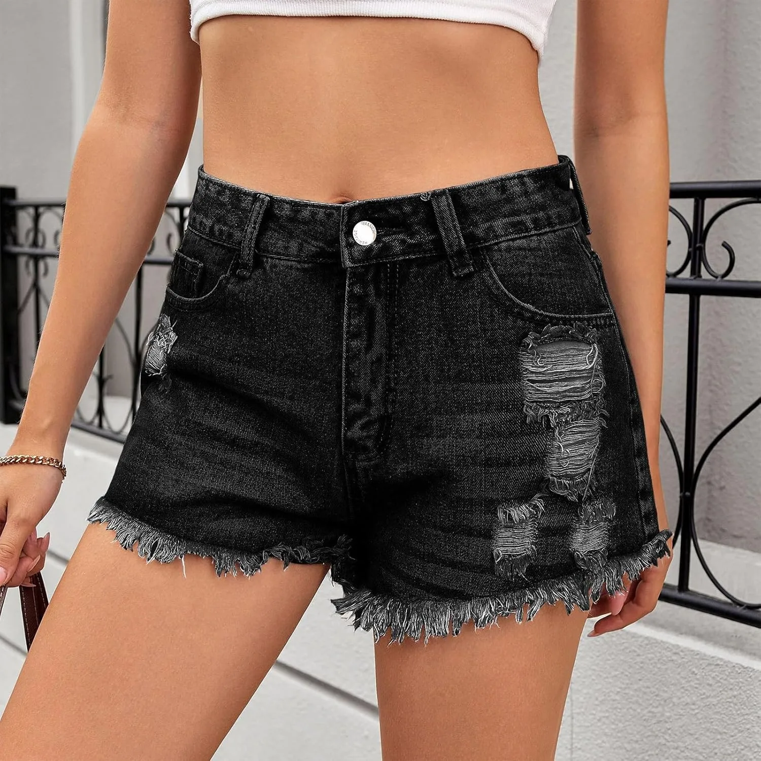 Ripped Jean Shorts Womens Y2k Frayed Hem High Waisted Denim Booty Shorts Casual Streetwear Cut Off Short with Pockets