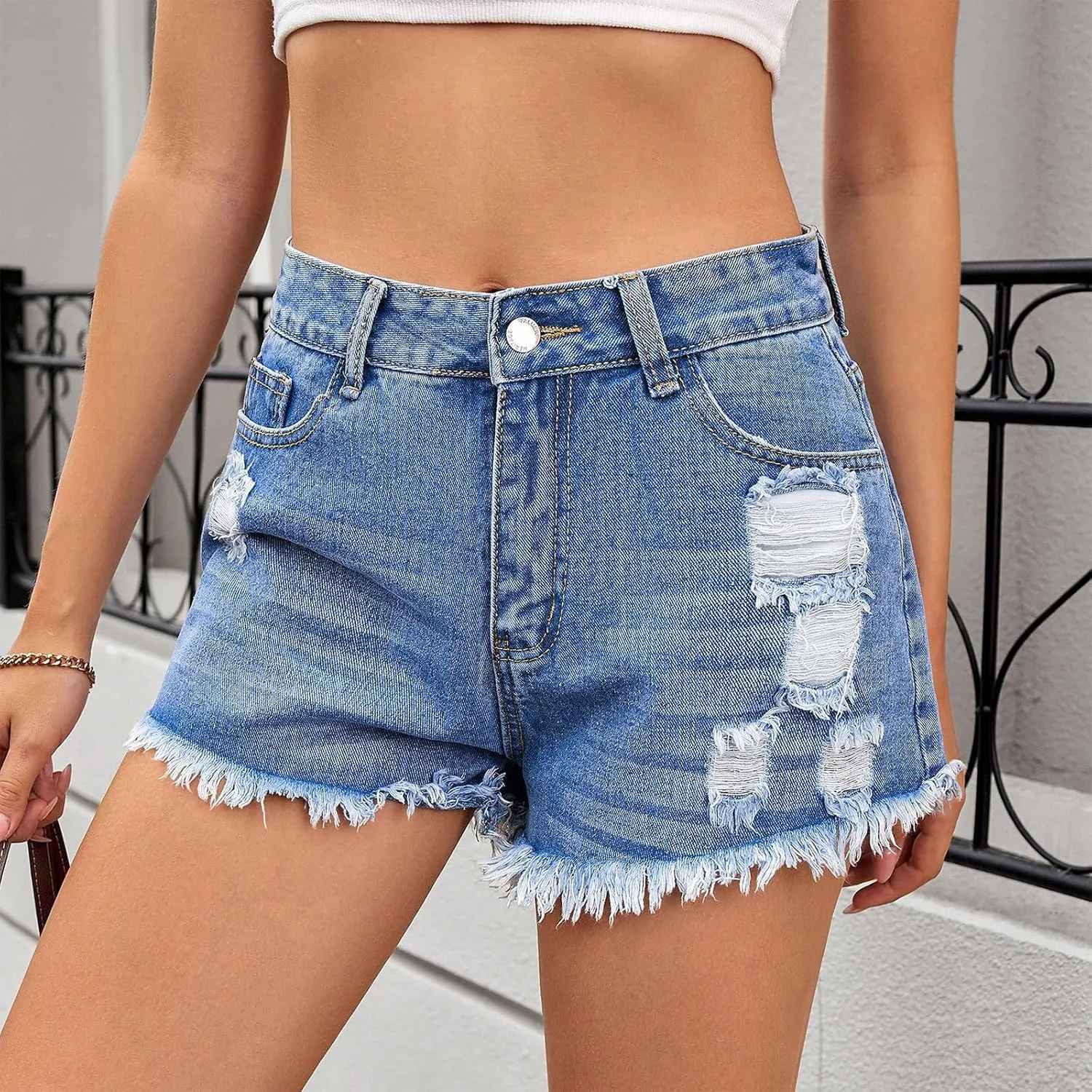 Ripped Jean Shorts Womens Y2k Frayed Hem High Waisted Denim Booty Shorts Casual Streetwear Cut Off Short with Pockets