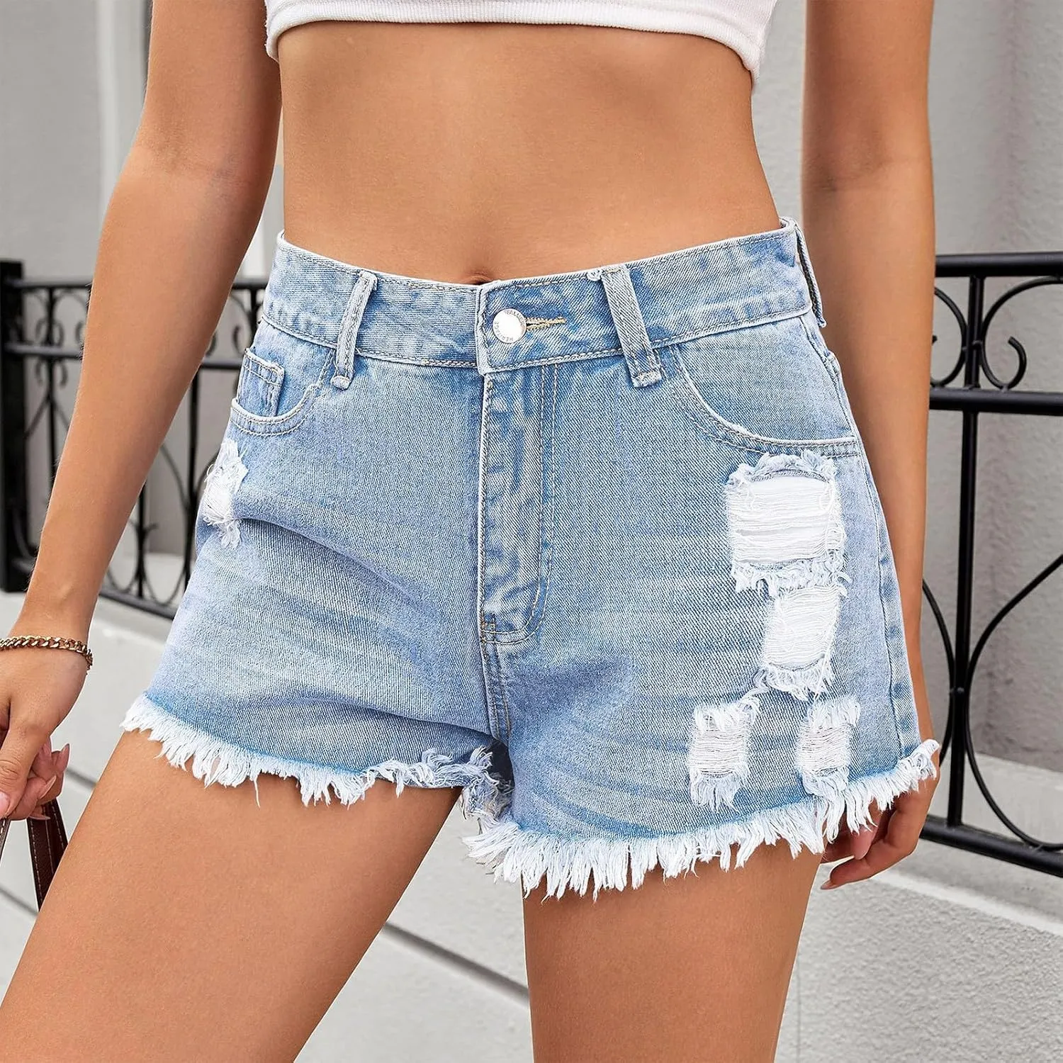 Ripped Jean Shorts Womens Y2k Frayed Hem High Waisted Denim Booty Shorts Casual Streetwear Cut Off Short with Pockets