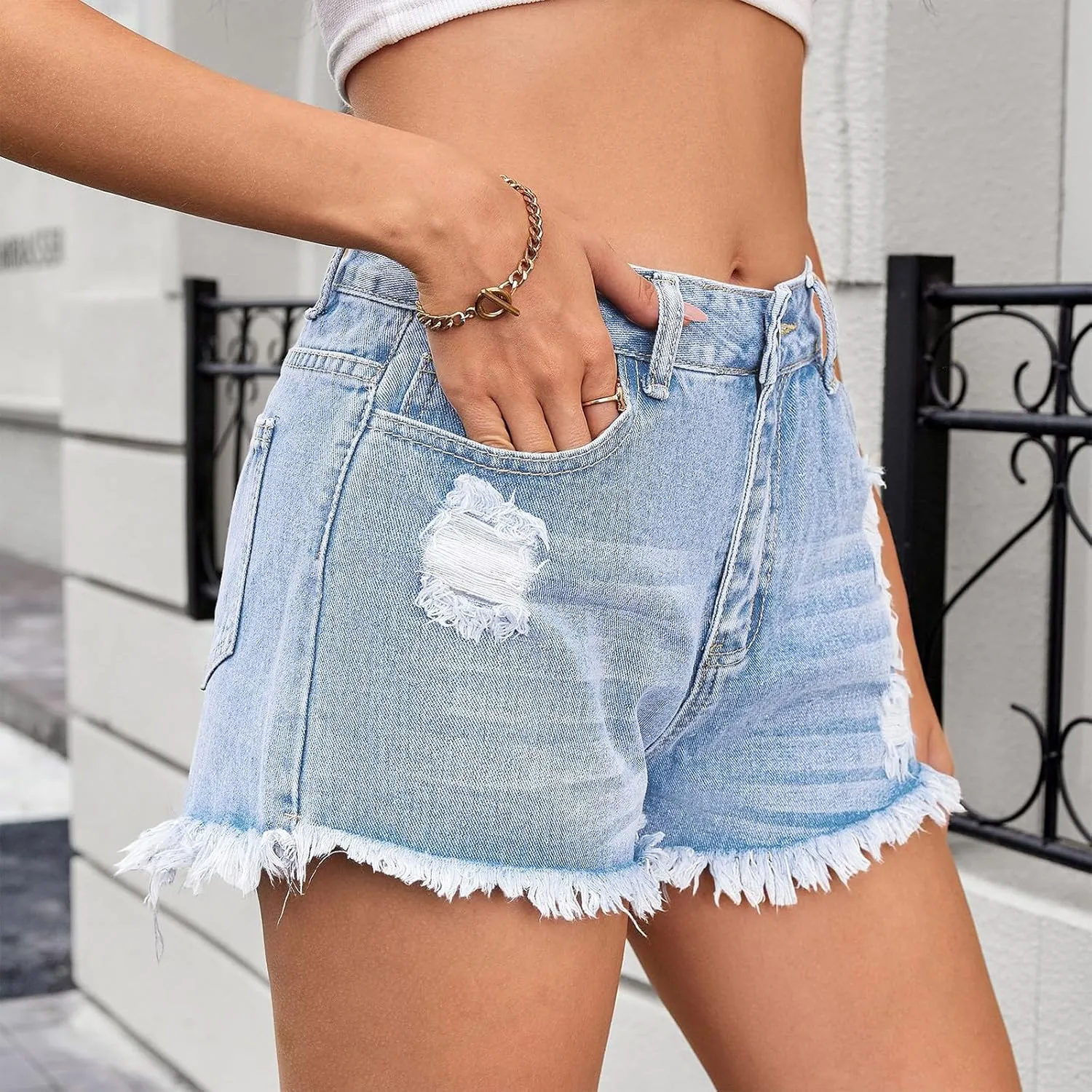 Ripped Jean Shorts Womens Y2k Frayed Hem High Waisted Denim Booty Shorts Casual Streetwear Cut Off Short with Pockets