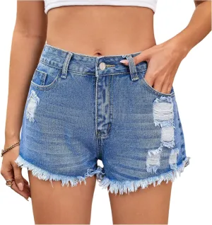 Ripped Jean Shorts Womens Y2k Frayed Hem High Waisted Denim Booty Shorts Casual Streetwear Cut Off Short with Pockets