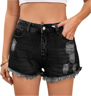 Ripped Jean Shorts Womens Y2k Frayed Hem High Waisted Denim Booty Shorts Casual Streetwear Cut Off Short with Pockets