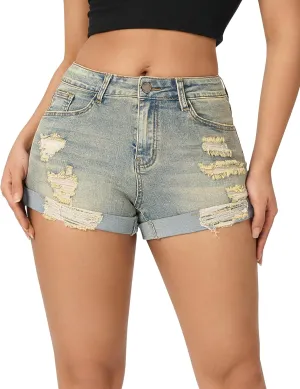 roswear Women's Summer Mid Rise Ripped Denim Shorts Stretchy Butt Lifting Jean Shorts