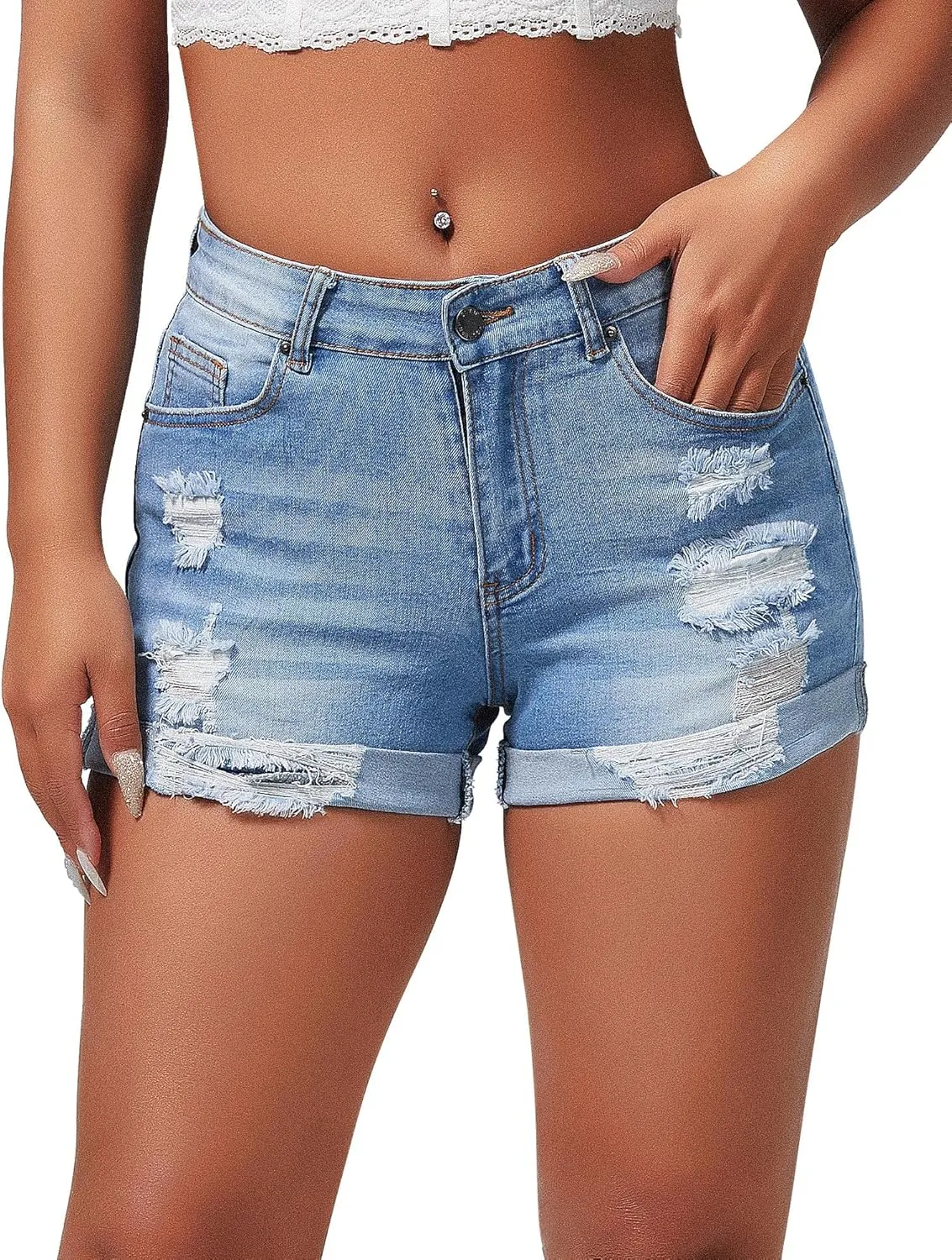 roswear Women's Summer Mid Rise Ripped Denim Shorts Stretchy Butt Lifting Jean Shorts