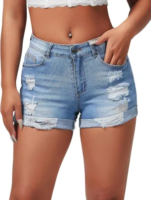 roswear Women's Summer Mid Rise Ripped Denim Shorts Stretchy Butt Lifting Jean Shorts