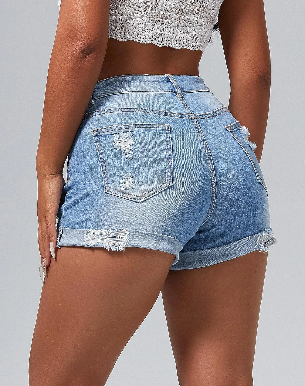 roswear Women's Summer Mid Rise Ripped Denim Shorts Stretchy Butt Lifting Jean Shorts