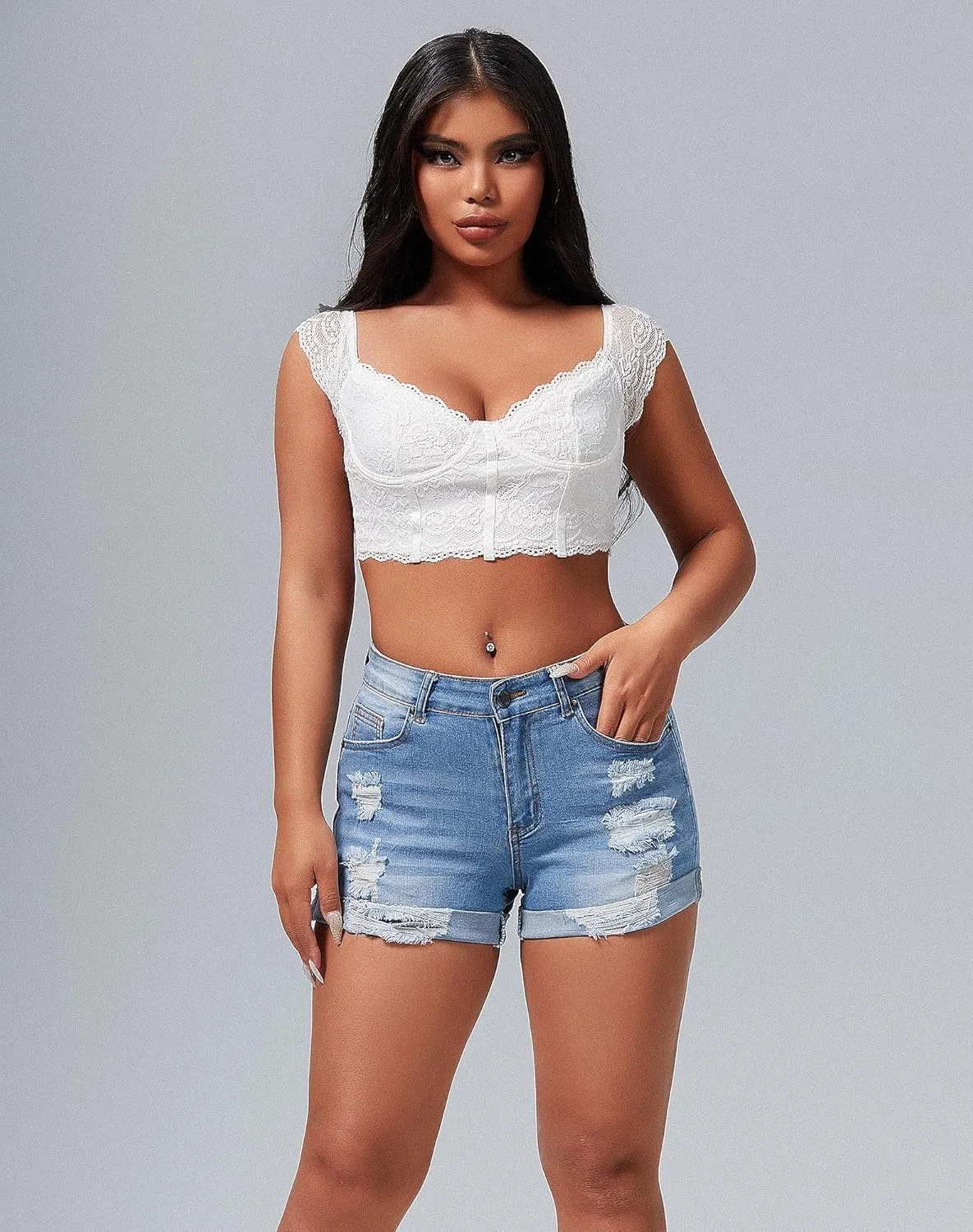 roswear Women's Summer Mid Rise Ripped Denim Shorts Stretchy Butt Lifting Jean Shorts