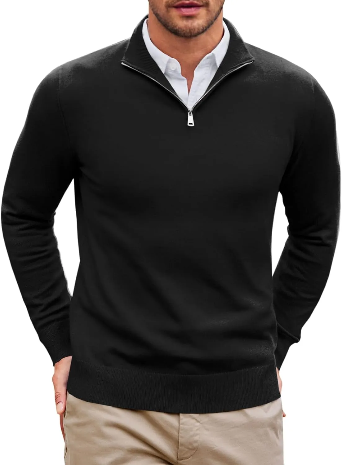 Runcati Mens Quarter Zip Sweaters Long Sleeve Slim Fit Pullover Mock Neck Casual Knit Polo Sweater