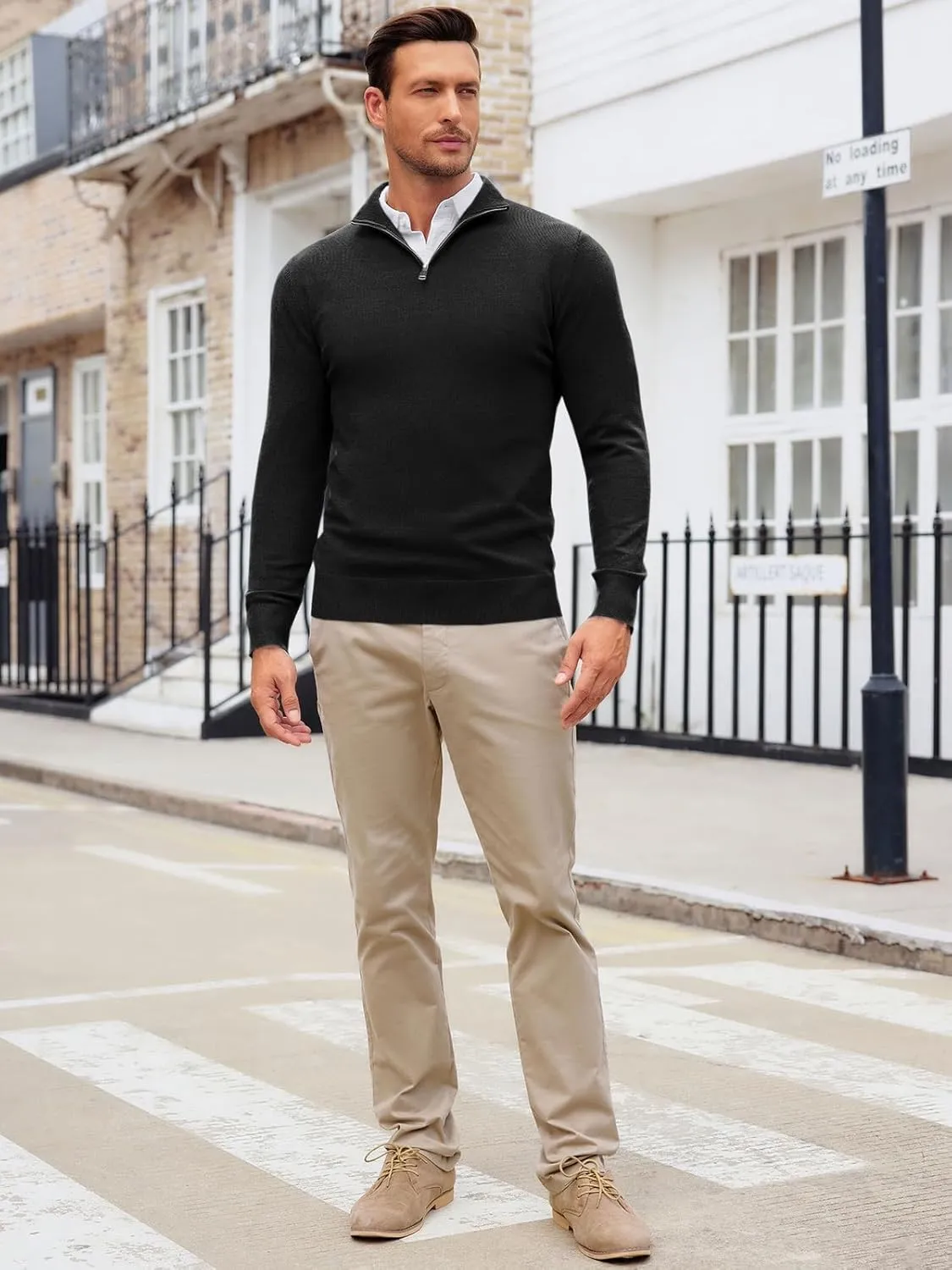 Runcati Mens Quarter Zip Sweaters Long Sleeve Slim Fit Pullover Mock Neck Casual Knit Polo Sweater